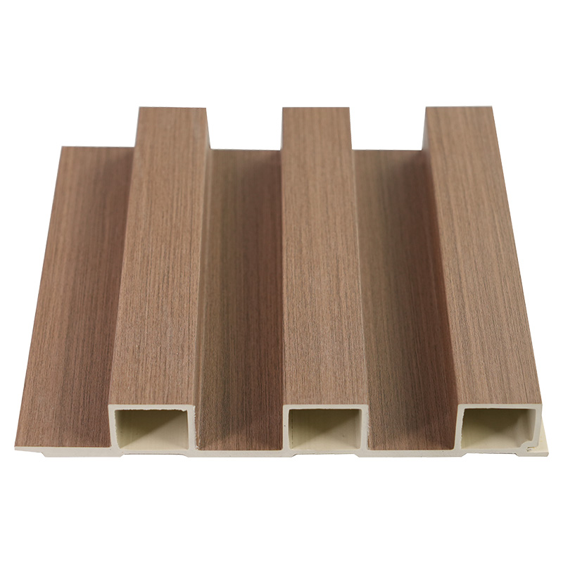 Lebar ketebalan 195mm 28mm serat buluh hiasan kayu dalaman bangunan alur 3d panel dinding pvc komposit kayu plastik